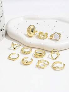 11pcs Vintage Baroque Style Faux Pearl Plain Knuckle Rings, Retro Twisted Layered Design Ring Set For Women - Gold - View 5