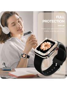 2pcs/Set Women Soft Silicone Sport Watch Strap Comfortable Adjustable Waterproof Wristband & Rhinestone Decor Glamorous Hollowed Out Anti-Fall Protective Case, Compatible With Apple Watch Band 40/41/42/44/45/46/49mm, Compatible With Apple Watch Series Ultra/SE/10/9/8/7/6/5/4, Intelligent Watch Accessories
