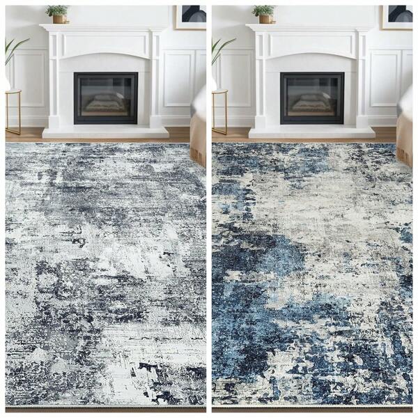 Bedding Teppich Wohnzimmer 140x200cm 160x230cm, Teppich Schlafzimmer Grau Kurzflor, Abstraktes Vintage Blau. Designer Teppich, Waschbar rutschfest Teppich für Schlafzimmer