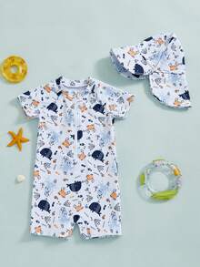 Toddler Boys Rash Guard Swimsuit Animal Print Zipper Short Sleeve Bathing Suit With Swim Cap - Blue - View 1