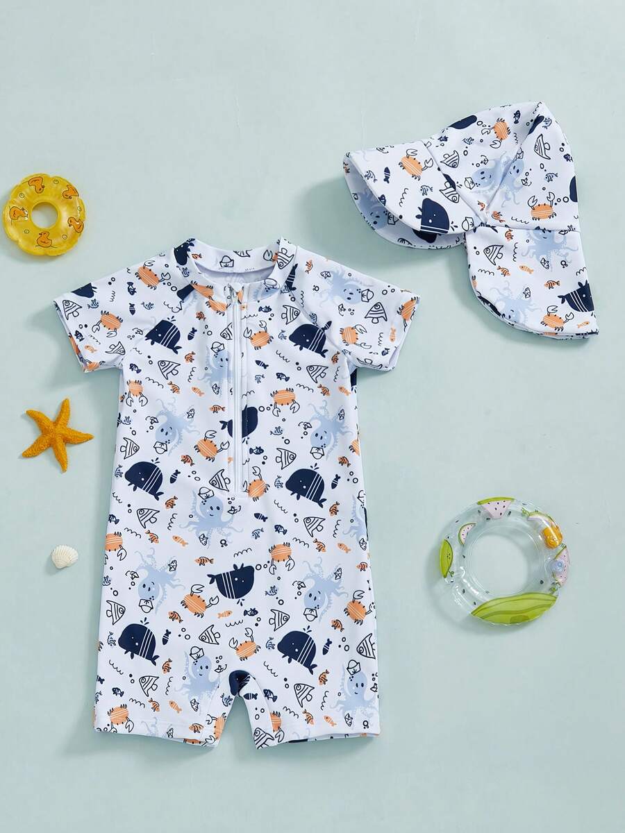 Toddler Boys Rash Guard Swimsuit Animal Print Zipper Short Sleeve Bathing Suit With Swim Cap - Blue - View 1