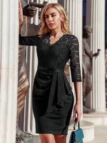 MIUSOL Floral Lace V-Neck Side Ruffle 3/4 Sleeve Slim Fit Business Pencil Skirt - Black - View 6