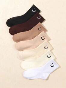 1/10 Pairs Women Socks, Random 4 Colors Flat Cute Smiling Face Stylish Short Socks - Multicolor - View 3