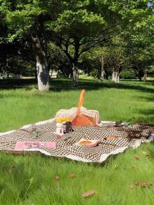 1 件装迷人棕白格子长方形野餐毯 - 适合情人节、复活节,编织人造丝桌布,带蕾丝边,非常适合冬季露营、海滩郊游、摄影背景、野餐配件 - 褐色 - 查看 6