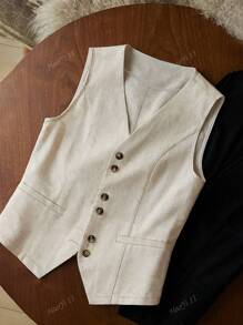 Blazer corto senza maniche monopezzo in finta lino bicolore da donna per l'estate
