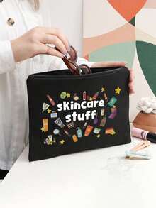 Stylish Makeup Bag With "Skincare Stuff" Print - Durable Zippered Cosmetics Organizer Pouch, Multi-Functional Travel Accessory For Men & Women, Odorless & Lightweight Design, Large Makeup Bag,Girls' Wash Bag, Travel Supplies, Gifts From Sisters And Friends, Girlfriends' Valentine's Day Gifts, Storage Bags, Wash Bags, Handbags, Girls' Gifts, Valentine's Day Gifts, Portable Folding Storage Bags (Four Colors Optional) - Multicolor - View 8