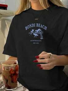 Women's Summer Australian Bondi Beach Printed Casual Simple Loose Everyday Street Short Sleeve T-Shirt Tops Women's Summer Everyday Casual Street Style Tops Cute T-Shirts Beach Tops Summer Tops For Women Tops For Summer Going Out Tops Women - Black - View 5