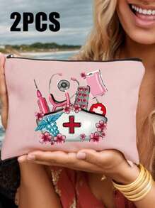 Sac de rangement thème infirmière, sac de beauté, trousse de maquillage avec motif de casquette d'infirmière, tube à aiguille, pilule, sac de perfusion, stéthoscope - Un cadeau parfait pour les infirmières ! Peut ranger les cosmétiques, les outils de beauté, le vernis à ongles, les pilules et d'autres articles, adapté pour sortir