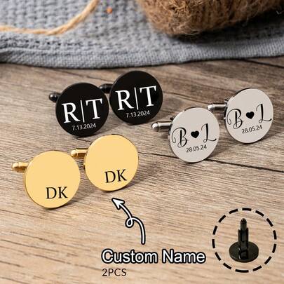2pcs Customized Cufflinks, Personalized Initial Cufflinks, Metal Engraved Cufflinks, Wedding Favor, Groomsmen Gift, Gift For Him, Fashionable, Vintage, Minimalist, Stylish