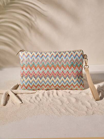 Tropiscape Woven Chevron Pattern Straw Bag With Wristlet For Festivals/Vacation/Holiday, Perfectly Matching With Vacation Outfits Women Vacay Vibes Vacation Relax Beach