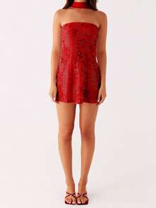 Women Sequin Beaded Sheer Tube Dress Sparkly Embroidery Strapless Rhinestone Embellished Backless Bodycon Mini Dress With Choker Scarf