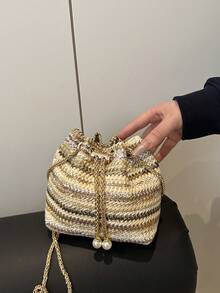 Retro Casual Drawstring Shoulder Bucket Bag For Women - Khaki - View 3