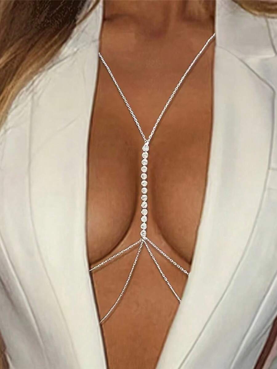 1 chiếc dây chuyền body quyến rũ cho nữ, dây chuyền thanh lịch, dây chuyền ngực bikini, trang sức bãi biển, dây chuyền thắt lưng pha lê, trang sức body bikini chéo cho mùa hè, cho tiệc rave - Bạc - Xem 1