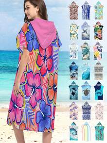 1pc Colorful Floral Print Wearable Hooded Poncho - Ultra Soft Microfiber Beach Pattern, Suitable As Gift For Men, Women, Couples - Beach & Home Decor, Couples Robe | Microfiber Bathrobe, Suitable For All Occasions - Multicolor - View 8