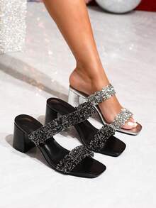 Women's Fashionable Alluring Silver Rhinestone High Heel Sandals, Square Toe Comfortable Vacation & Party Wear Slip-On Mules, Suitable For Dresses In Spring/Summer - Silver - View 9