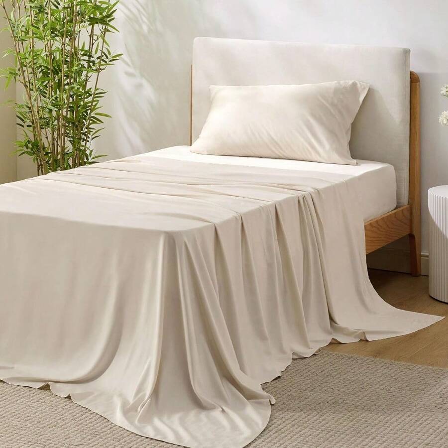 Bedsure Queen Sheet Set, Cooling Sheets For Queen Size Bed Set, Rayon Derived From Bamboo, Breathable & Soft Deep Pocket Up To 16 Inches, Hotel Luxury Silky Bedding, Bedsheet & Pillowcases, Dark Grey - 12 - 淺米色 - 查看 1