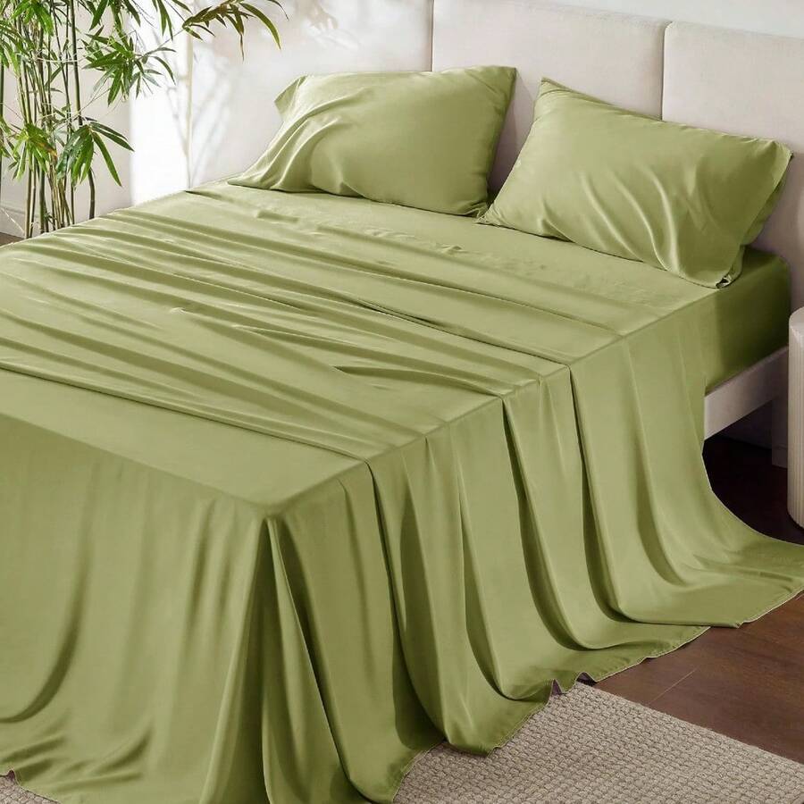 Bedsure Queen Sheet Set, Cooling Sheets For Queen Size Bed Set, Rayon Derived From Bamboo, Breathable & Soft Deep Pocket Up To 16 Inches, Hotel Luxury Silky Bedding, Bedsheet & Pillowcases, Dark Grey - 25 - 綠色 - 查看 1