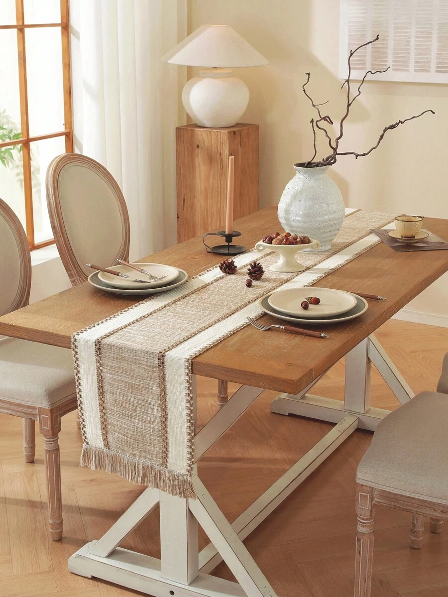 1 pieza Tapete de mesa con decoración de flecos en estilo bohemio, adecuado para la decoración del hogar, granja, sala de estar - Color de la tarjeta blanca - Ver 1