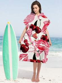 1 Peça Capa/Poncho com Capuz Estampa de Morango e Cereja - Super Macio em Microfibra com Estampa de Praia, Adequado como Presente para Homens, Mulheres, Casais - Decoração de Praia e Casa, Xale para Casais | Roupão de Microfibra, Adequado para Todas as Férias de Volta às Aulas
