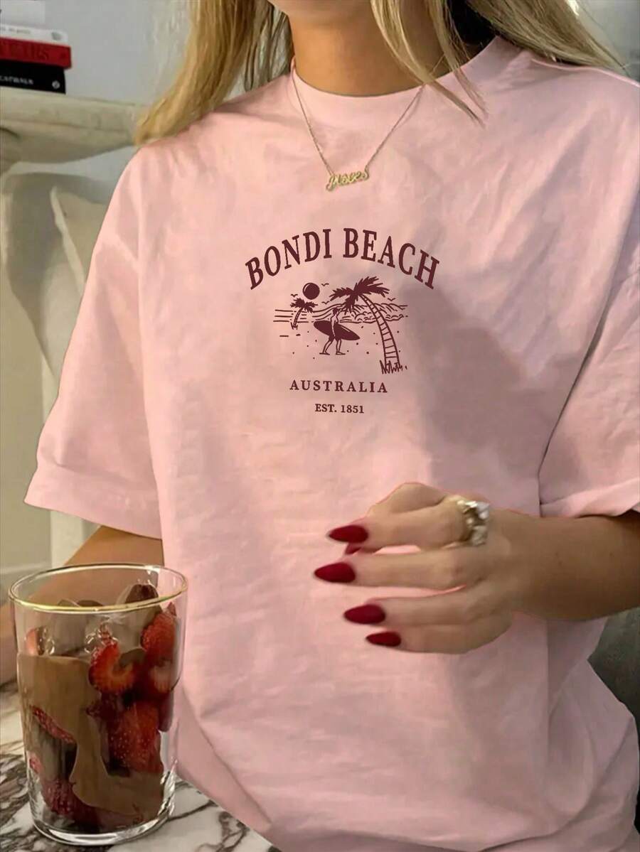 Women's Summer Australian Bondi Beach Printed Casual Simple Loose Everyday Street Short Sleeve T-Shirt Tops Women's Summer Everyday Casual Street Style Tops Cute T-Shirts Beach Tops Summer Tops For Women Tops For Summer Going Out Tops Women - Pink - View 1