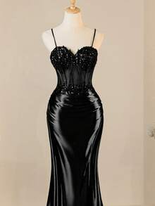 Elisanya Đầm dạ hội dự tiệc cocktail hở đùi sang trọng kết hợp ren và sequin sang trọng dây mảnh quyến rũ dành cho nữ - màu đen - Xem 2