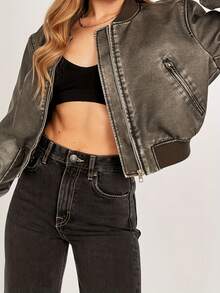 全新简约优雅经典时尚棒球夹克女式皮大衣 - 黑與白 - 查看 5