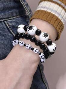 3pcs Gothic Goth Horror Blood Hand Skull Pumpkin Spider Print Wooden Bead Bracelet, Punk Style Elastic Wrist Strap, Unisex, Suitable For Halloween Party Holiday Gift