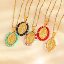 1pc Fashionable Retro Colorful Crystal Virgin Mary Pendant Necklace, Best Gift For Women Jewelry