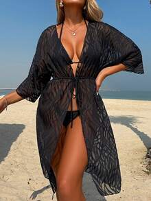 Damski jednokolorowy żakardowy narzutka plażowa z odkrytymi ramionami i długim rękawem, z wiązaniem w talii