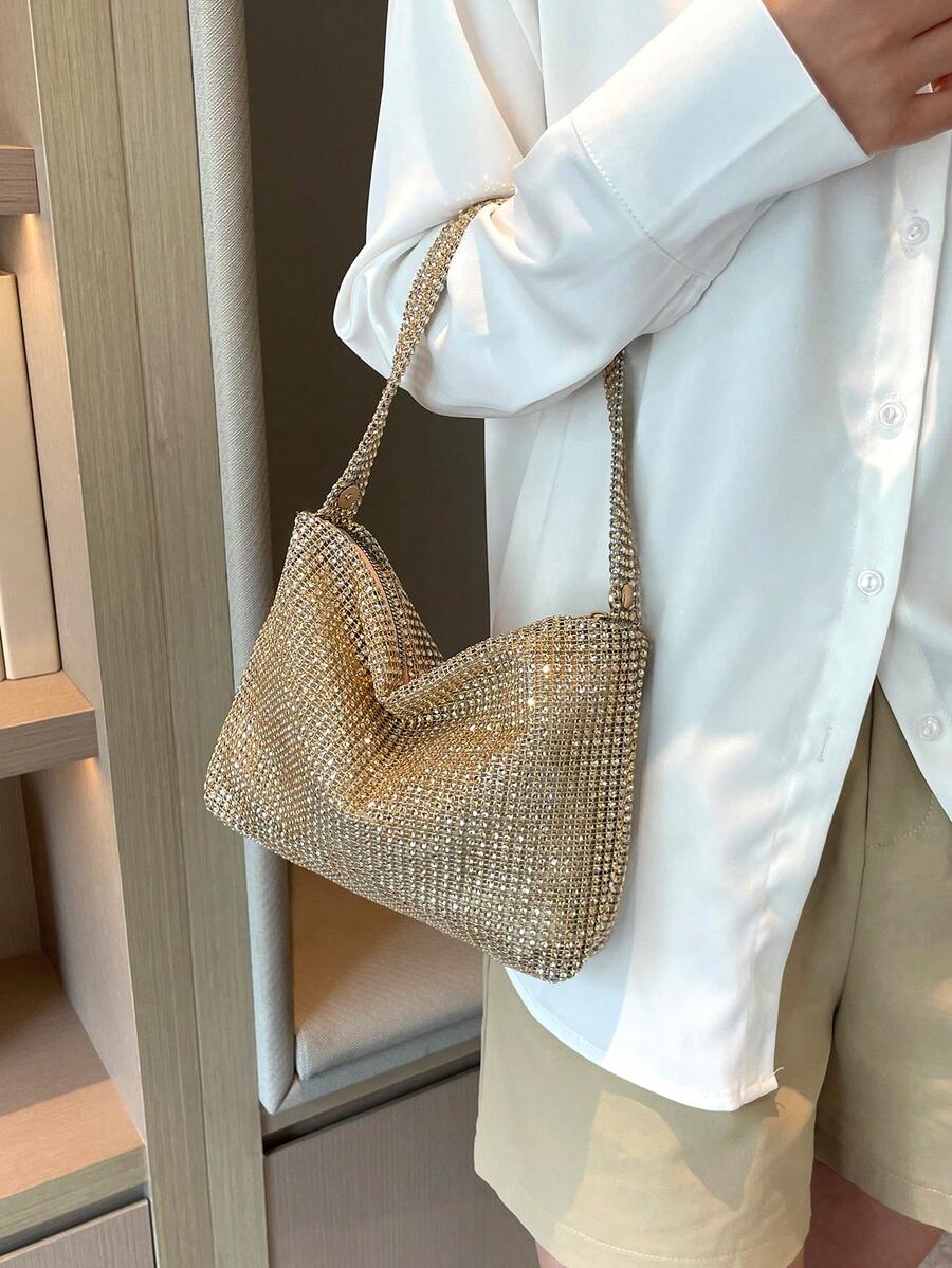 Shiny Glittering Women's Evening Bag, Elegant New Sparkling Rhinestone Crescent Moon Shaped In-Stock Party Dinner Clutch Purse, Fashion Shoulder Bag Suitable For Girls, Ladies, Weddings, Balls, Dinners/Banquets, Best Gift For Women - Gold - View 1