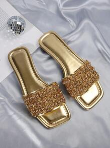 Fashionable & Luxurious Women's Flat Sandals, Pearl & Rhinestone Decorated Design, Square Toe Mules Flats, Comfortable Shoes Suitable For Stylish Outfits