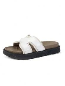 女士露趾厚底防滑拖鞋，夏季海滩休闲舒适一脚蹬凉鞋，新款时尚 - 米色 - 查看 8