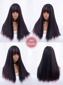 1-Piece Synthetic Heat-Resistant Black-Brown Ombre With Multicolor Highlights 24 Inches Long Fully Machine-Woven Natural And Realistic Long Curly Wig With Bangs.