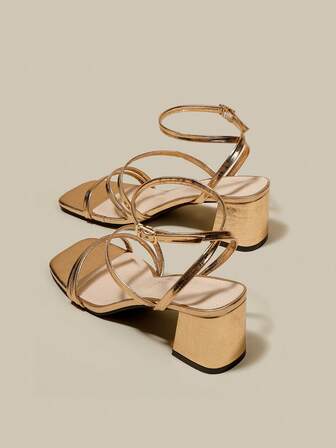 Women's Champagne High Heel Sandals With Criss Cross Open Toe Lace Up Chunky Heeled Strap Ankle Strap Sandals For Summer