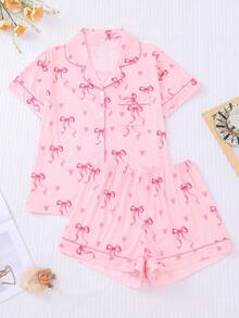 Conjunto de pijama de 2 piezas para mujer con estampado de sombrero, bota y lazo, que incluye top de manga corta con cuello y pantalones cortos de cintura elástica holgada, ropa casual de casa/dormir para todas las estaciones - Rosa - Ver 1