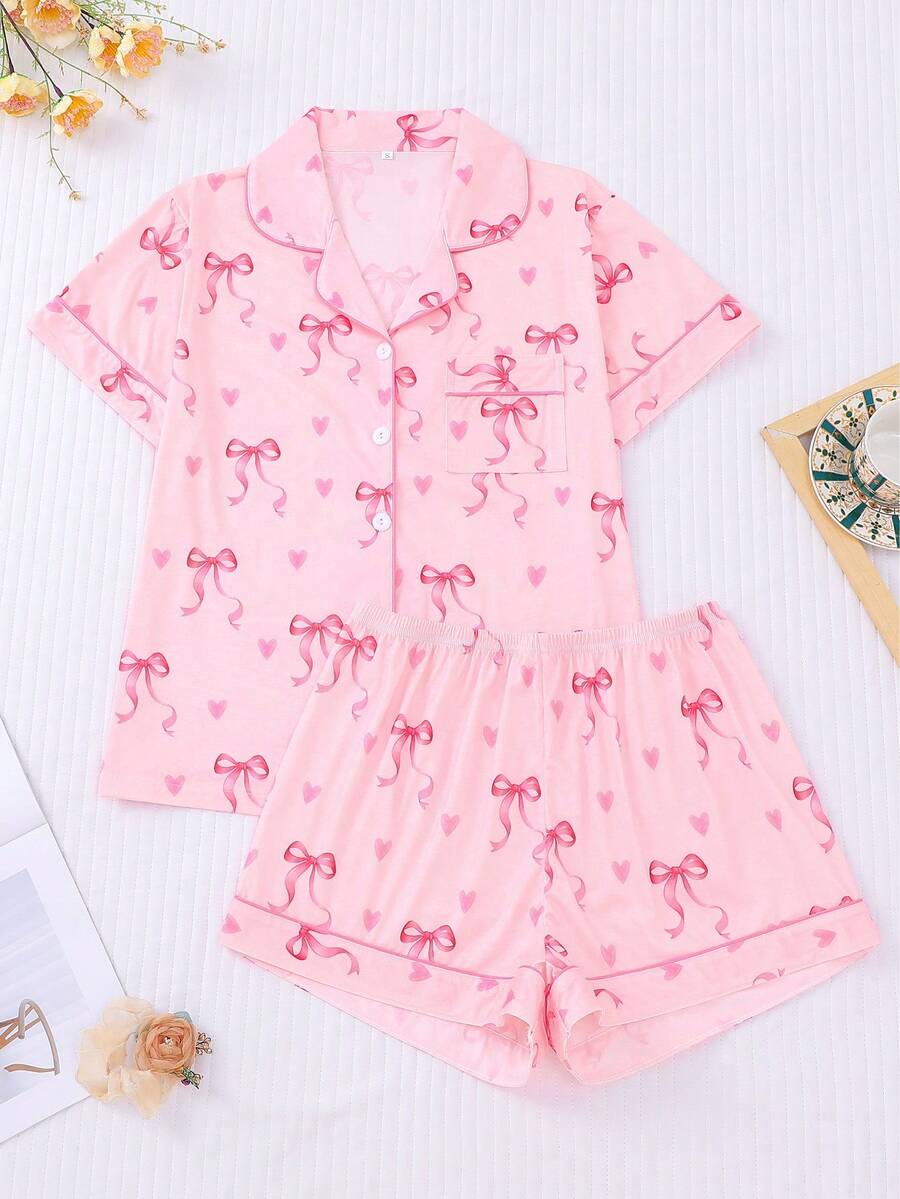 Conjunto de pijama de 2 piezas para mujer con estampado de sombrero, bota y lazo, que incluye top de manga corta con cuello y pantalones cortos de cintura elástica holgada, ropa casual de casa/dormir para todas las estaciones - Rosa - Ver 1