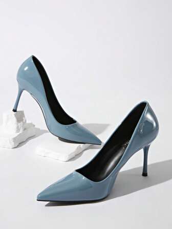 Women's High-End Light Blue Glossy Leather 8.5cm Thin Heel Pointed Toe Shallow Sexy Nightclub Fashion Wedding Commute Daily High Heel Pumps,Elegant