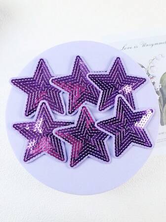 6pcs Purple Shiny Star Pattern Cloth Patches, Cartoon Style Embroidered Sew-On Appliques, DIY Craft Suitable For Clothes, Shoes, Hats, Bags, Etc.