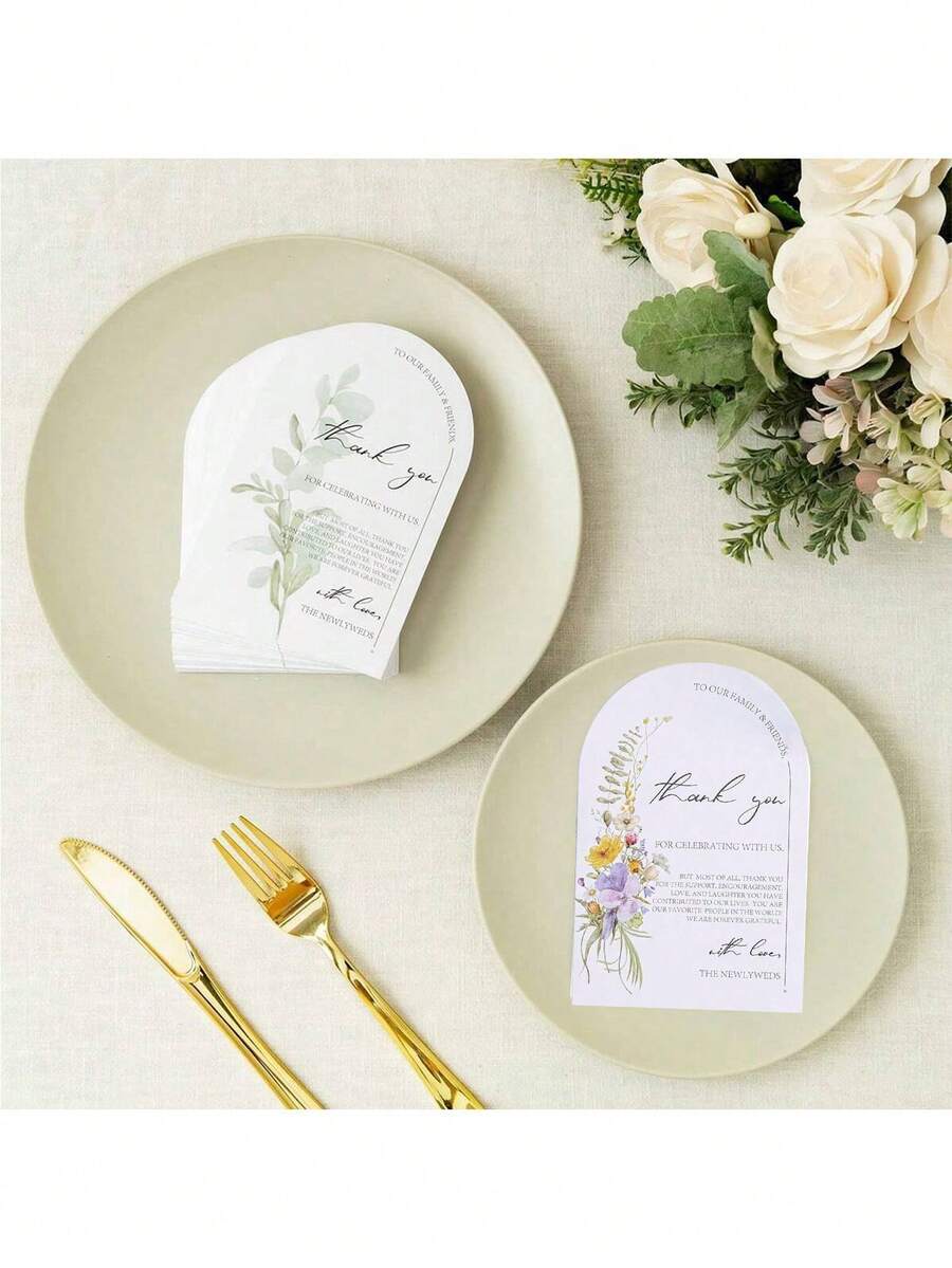 50pcs Floral Thank You Cards, Suitable For Wedding, Reception, Rehearsal Dinner, Party, Event & Celebration Tabletop, Essential For Wedding Gift - Multicolor - View 1