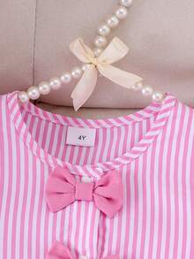 2pcs Young Girl Sweet Bow-Tied Striped Short Sleeve Top And Shorts Set, Summer - Pink - View 4
