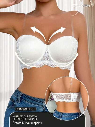 Lace Patchwork Women's Wireless Bra With Removable Straps, Soft & Comfortable Underwire Bra With Back Design, Comes With Transparent Straps