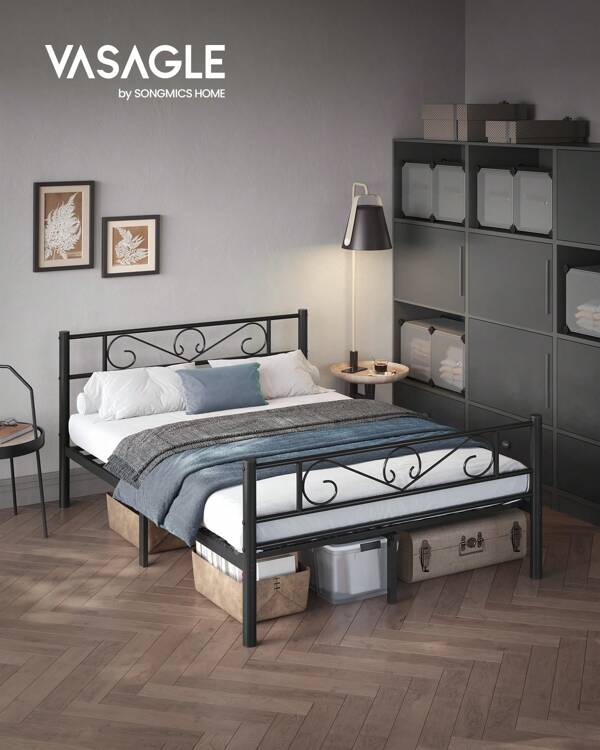VASAGLE Bett 140 x 200 cm, Gästebett, Doppelbett aus Metall, Bettgestell, Bettrahmen, Metallbett, einfache Montage, tintenschwarz