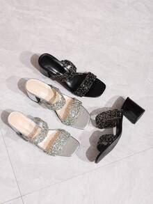 Women's Fashionable Alluring Silver Rhinestone High Heel Sandals, Square Toe Comfortable Vacation & Party Wear Slip-On Mules, Suitable For Dresses In Spring/Summer - Silver - View 10