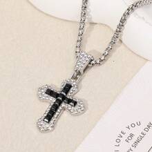 1pc Men's Silver Rhinestone Cross Pendant Necklace, Personalized Fully Rhinestone Embellished Cross Sweater Chain Jewelry - Pink - View 4