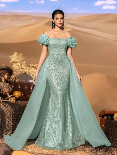 Faeriesty Haute Glamour Elegant Off-Shoulder Beaded Evening Gown With Flowing Skirt – Floral Ruffle Sleeves, Bead-Embellished Bodice & Sheer Tulle Overlay For Luxury Red Carpet Events & High-Fashion Banquets