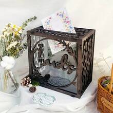 Wooden Wedding Card Box For Reception - Wood Card Boxes With Window, Dark Brown Envelope Holder Gift Receiving Case For Party, Rustic Wedding Gift Box For Birthday, Baby Shower Decorations - Dark Grey - View 1