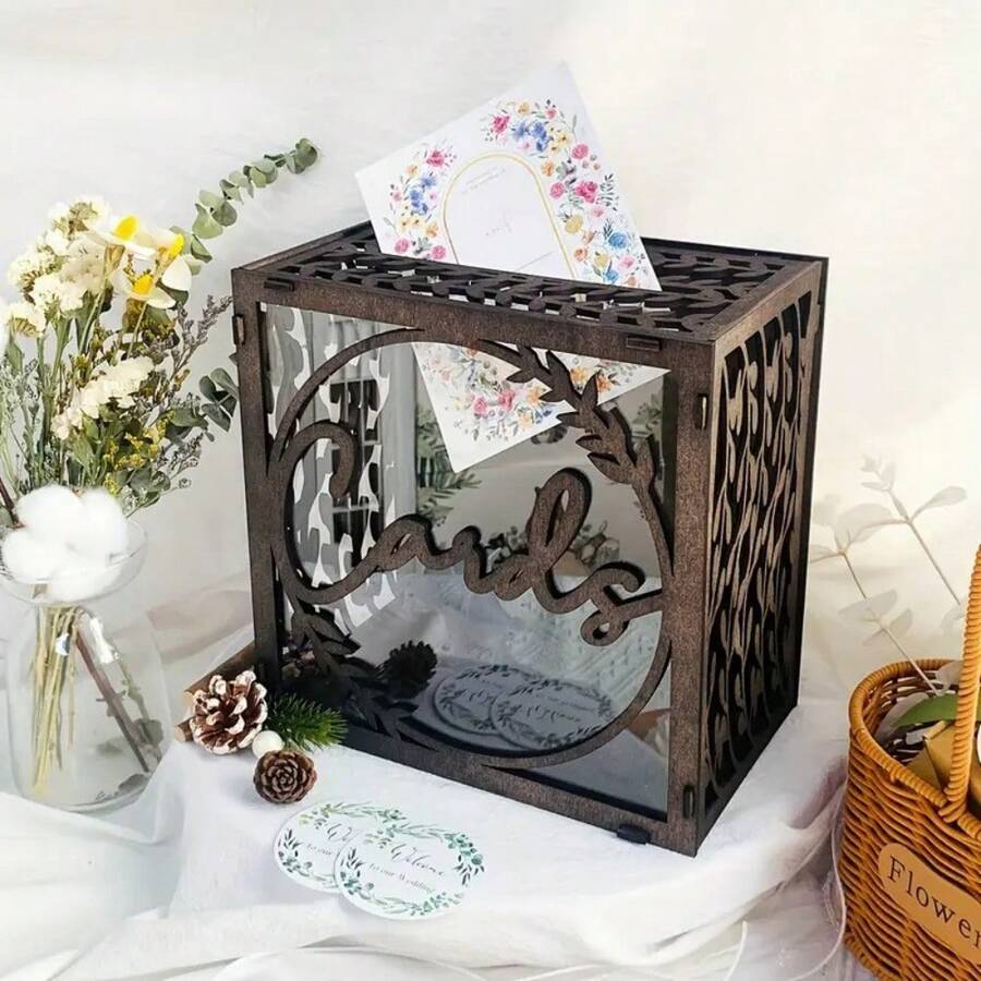 Wooden Wedding Card Box For Reception - Wood Card Boxes With Window, Dark Brown Envelope Holder Gift Receiving Case For Party, Rustic Wedding Gift Box For Birthday, Baby Shower Decorations - Dark Grey - View 1