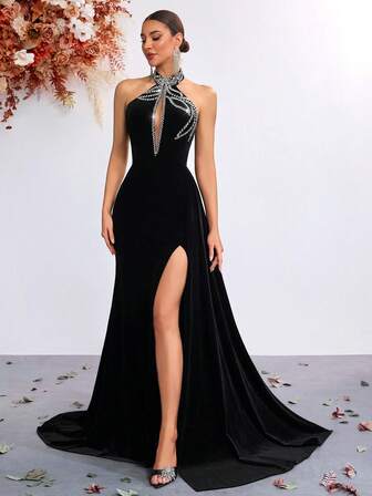 ADYCE Vestido feminino elegante com decote halter, aplicações de strass, decote em V profundo com fenda na coxa, costas abertas e amarração nas costas. Ideal para festas, eventos formais, casamentos, jantares, bailes e outras ocasiões, inclusive o Ano Novo.