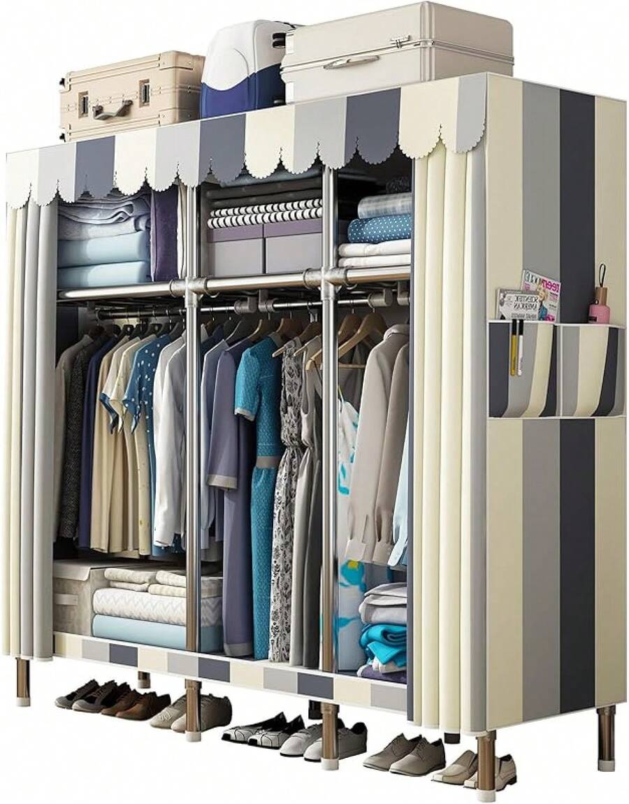 43Inch Portable Wardrobe Closet Storage Organizer For Bedroom, 23MM Thick Steel Hanging Rack With Polyester/Cotton Fabric Cover Moonlight Grey - 紫色 - 查看 1