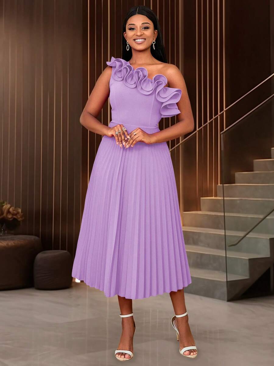 女士夏季单肩荷叶边紫色连衣裙，优雅派对装扮